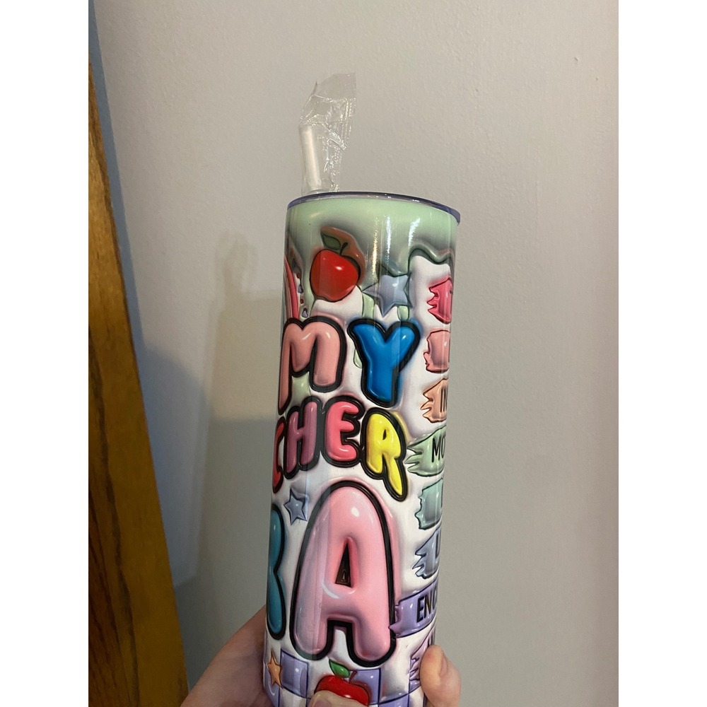 Tumbler In My Teacher Era Women's 20oz Multicolor 3D Puff Graphic Rainbow Apple - Picture 3 of 5
